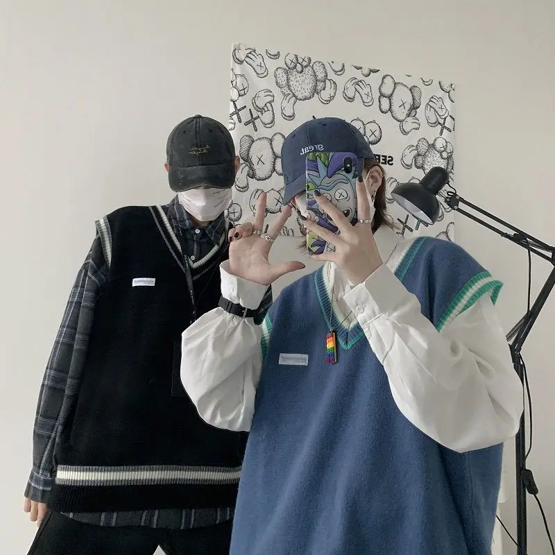 Suéter Chaleco de los hombres de cuello en V Bolero Patchwork de parejas Ins de talla grande 3XL tamaño Harajuku chalecos Ins Chic estilo coreano ocio