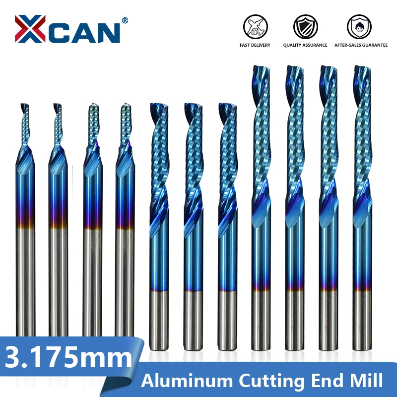 XCAN Single Flute End Mill 3.175mm(1/8'') Shank Nano Blue Coated CNC Router Bit Spiral Milling for Aluminum Cutting | Инструменты
