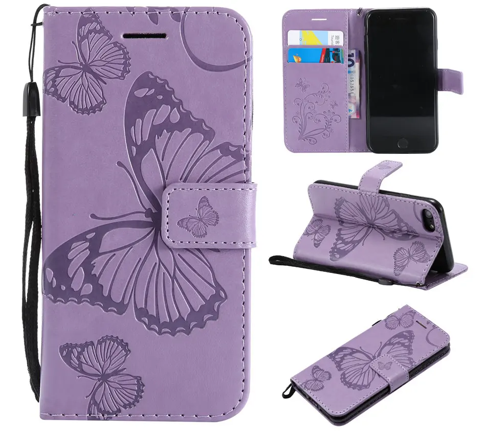 Purple A Чехол-книжка с бабочкой, кошкой, деревом для iPhone 8, 7, 6, 6S Plus, X, XR, XS, 11 Pro Max, бумажник из искусственной кожи, сумки для телефона, чистый цвет, DP06Z - Цвет: Purple A