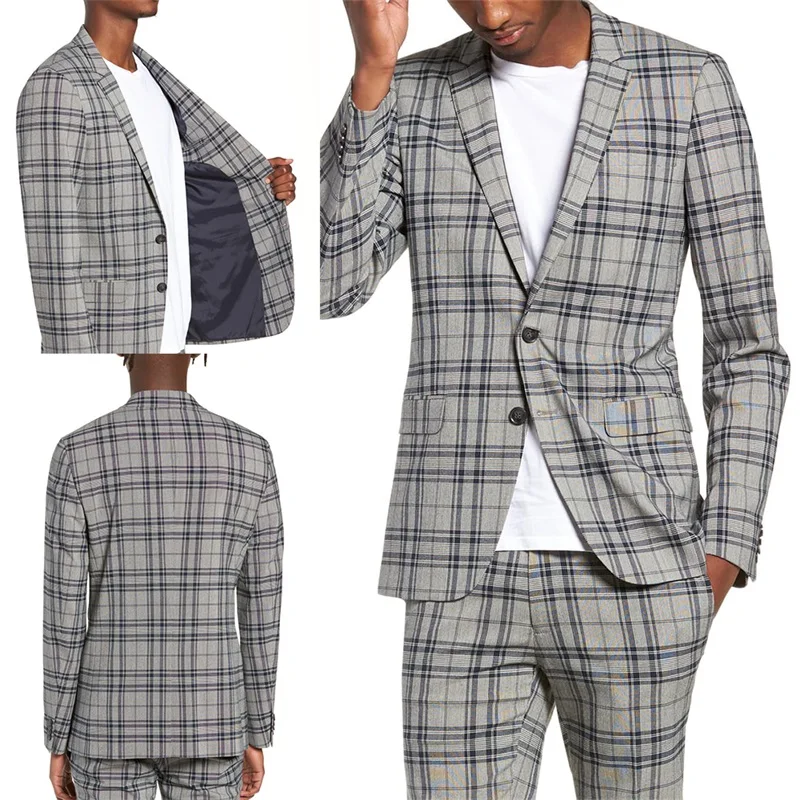 

Casual Handsome Cotton blend Light Gray Lattice Formal Men's Suit 2 pieces Two Button Wedding Suits Tuxedos Business Suit