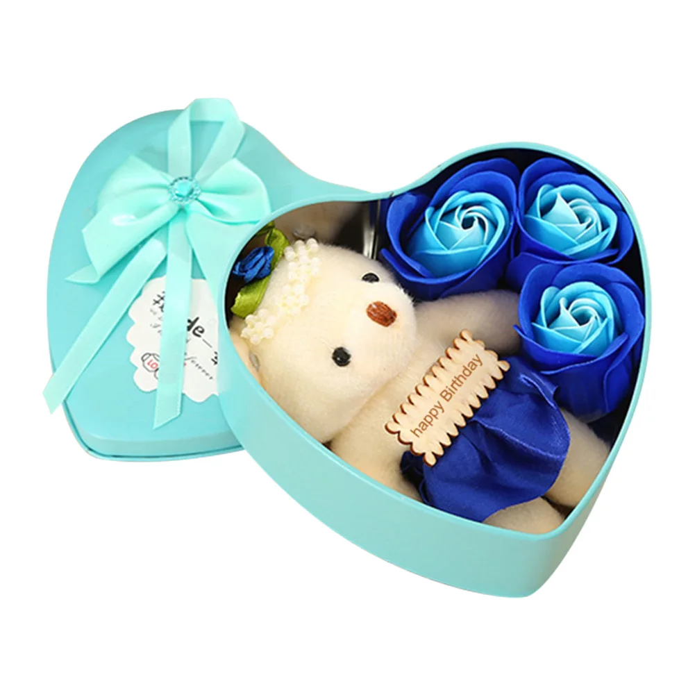 happy Birthday blue 3 цветка-формы мыло роза мыло с медвежонком и в форме сердца коробка для хранения романтический подарок для влюбленных подруг DTT88 - Цвет: happy Birthday blue