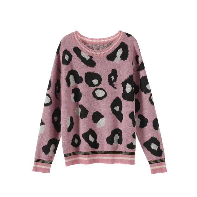 Леопардовый женский пуловер, свитера, Осень-зима, Свободный Повседневный свитер с круглым вырезом и длинным рукавом, винно-красный розовый джемпер, свитер от ветра