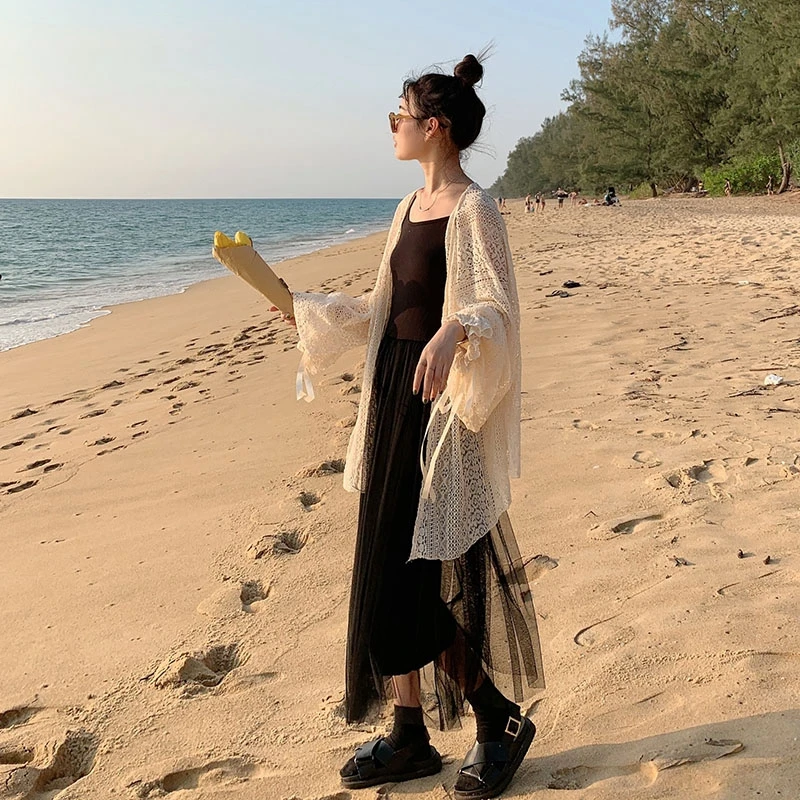 Women Lace Kimono Cardigan Summer Holiday Beach Long Boho Cardigan Korean Sweet Ladies Girls Long Sleeve Beige Lace Shirts Tops