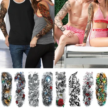 

Full arm temporary tattoo sticker for Couples Skull flower sleeve tattoos Tiger dragon Waterproof tattoo sleeve for men women