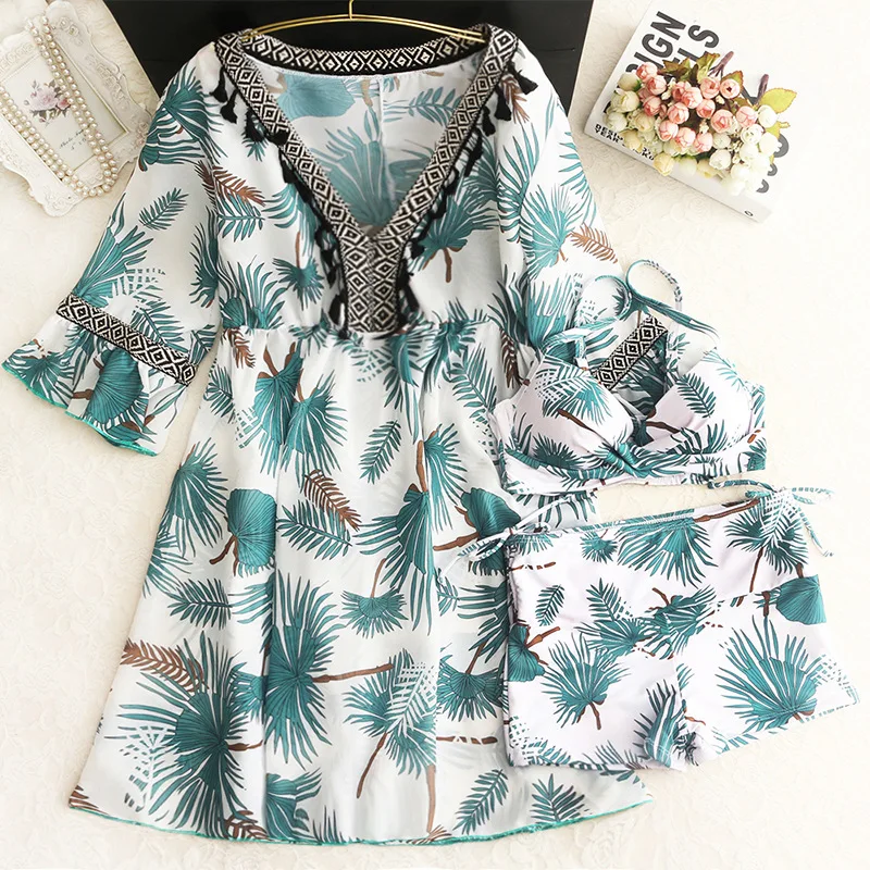 

Split Type Hot Springs Skirt New Style Conservative Boxer Long Sleeve Bikini Three-piece Set Belly Covering Slimming Large Size