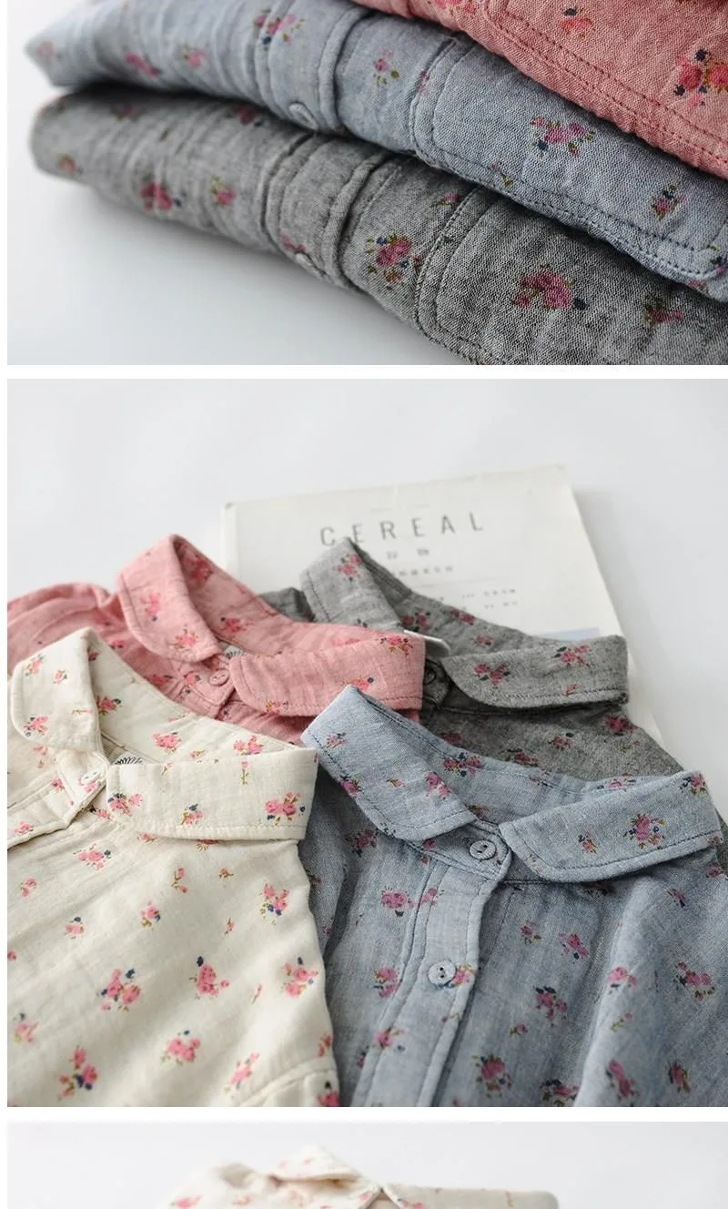 Solta de Manga Estampada de Algodão para Meninas com Gola Camisa Longa Feminina Blusa Peter Pan Mori 1 estampada de algodão para meninas com gola peter pan mori
