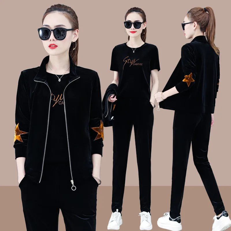 

3pcs Autumn Women Sport Suit Tracksuit velour Embroid Jacket Sweatshirt+coat+pant Casual Jogger Running Workout Set Sportswear