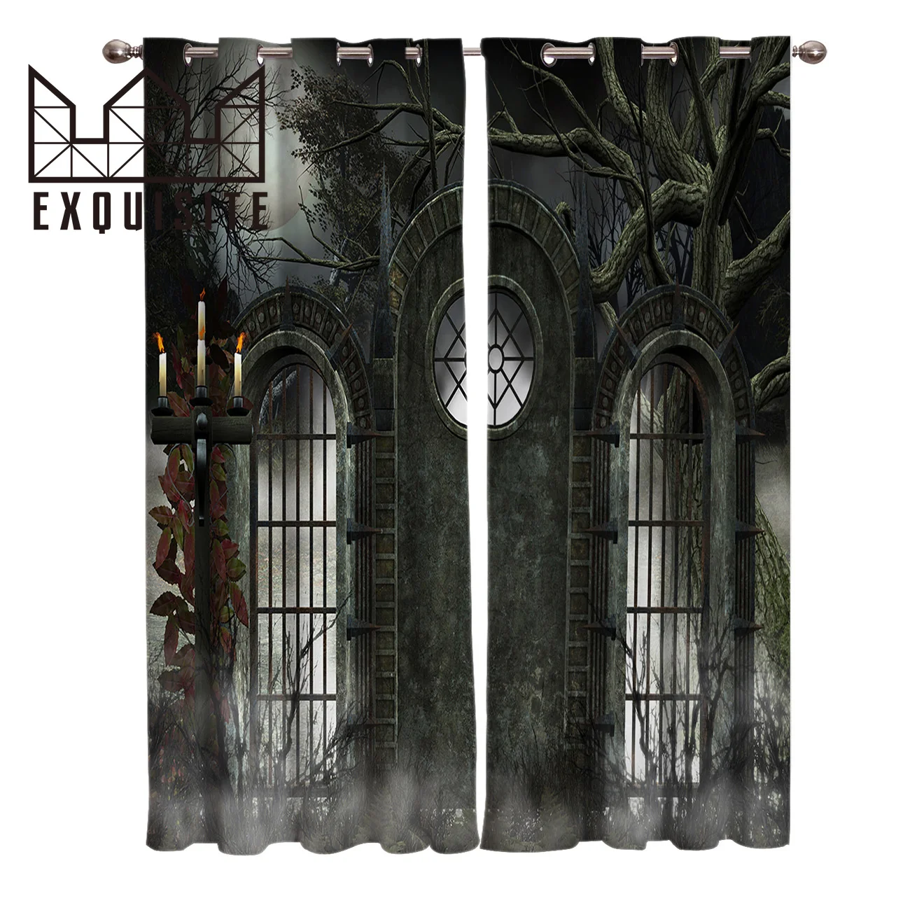 

Exquisite House Gate Mystery Dark Halloween Horror Forest Room Curtains Window Living Room Curtain Rod Bedroom Fabric Drapes