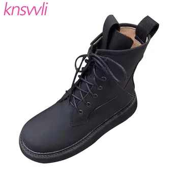 

Knsvvli Genuine Leather Short Motorcycle Boots Woman Lace Up Round Toe Platform Shoes Woman British Style Knight Boots Women
