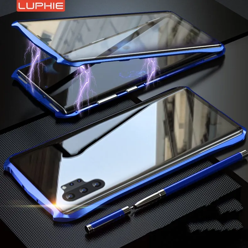 Для samsung Galaxy Note10 Plus Note 10 Pro передний и задний двухсторонний чехол из закаленного стекла с магнитной металлической рамкой - Цвет: Blue
