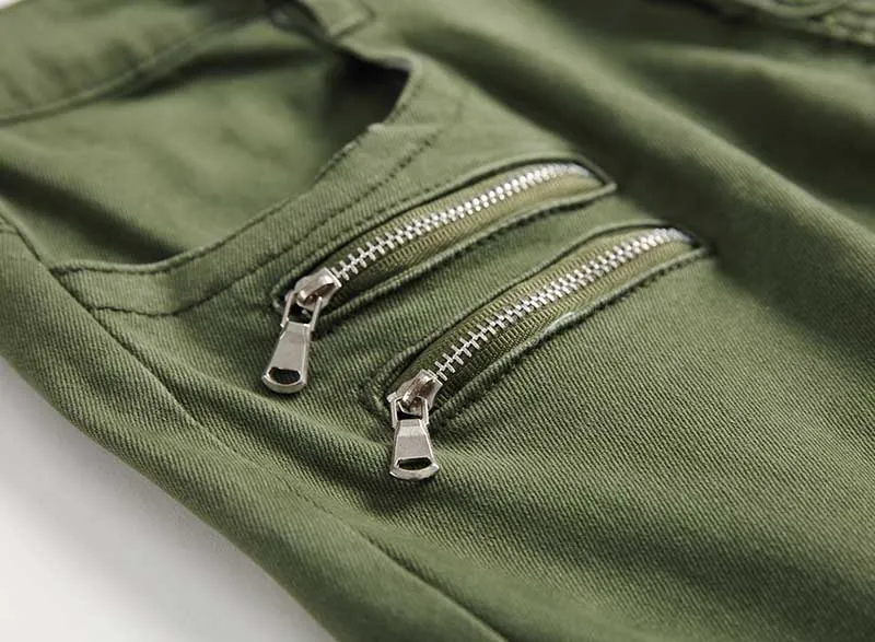 Mcikkny Fashion Mens Biker Jeans Pants Multi Pockets Motorcycle Denim Trousers For Male Army Green (2)
