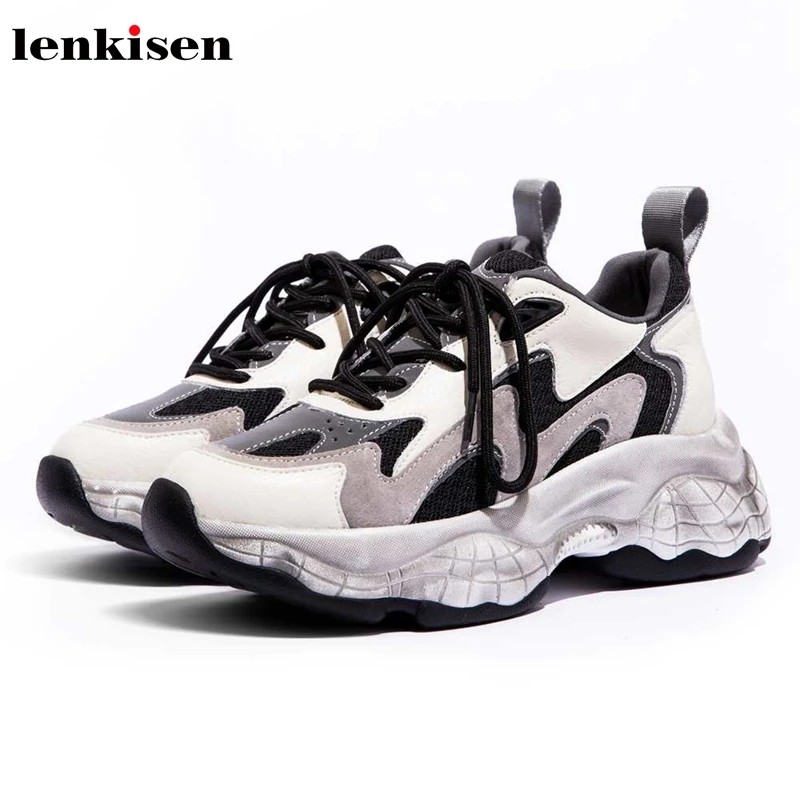 

Lenkisen Internet star fashion maiden mixed colors genuine leather round toe high heel thick bottom lace up vulcanized shoes L33