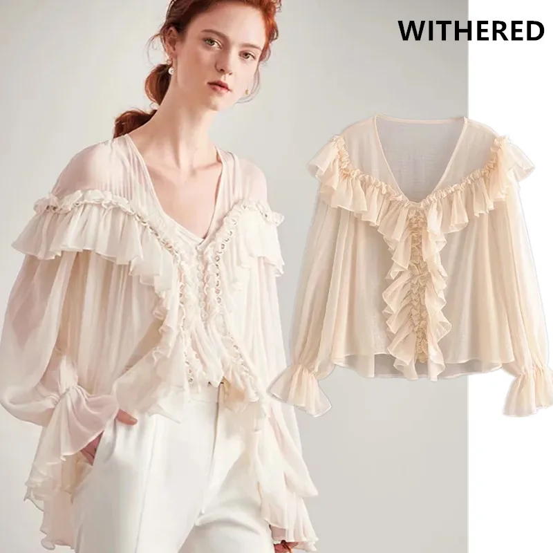 

Withered england runway perspective tencel ruffles v-neck blusas mujer de moda 2019 kimono blouse women womens tops and blouses