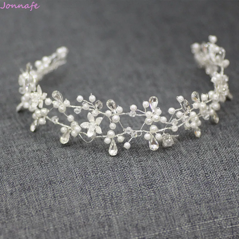 

Fashion Silver Floral Bridal Hair Crown Tiara Pearls Crystal Wedding Tiara Handmade Women Hair Piece Accessories