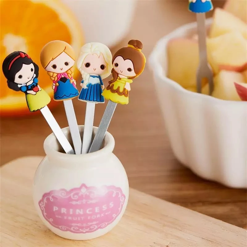 

6PCS/Set Cute Cartoon Princess Fork Stainless Steel Long Stirring Fruit Fork Dessert Coffee Ceramic Handle Party Supplies