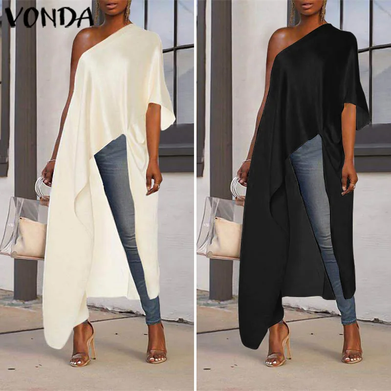 

VONDA Sexy Off One Shoulder Summer Blouses Plus Size Solid Color Shirts Femme Irregular Sexy Tops Femininas Party Blusas S-5XL