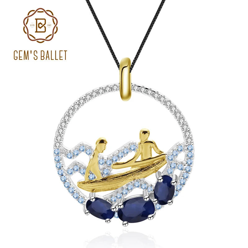 

GEM'S BALLET Handmade Wave rowing Pendant 1.15Ct Natural Diffusion Sapphire Necklace 925 Sterling Silver For Women Fine Jewelry