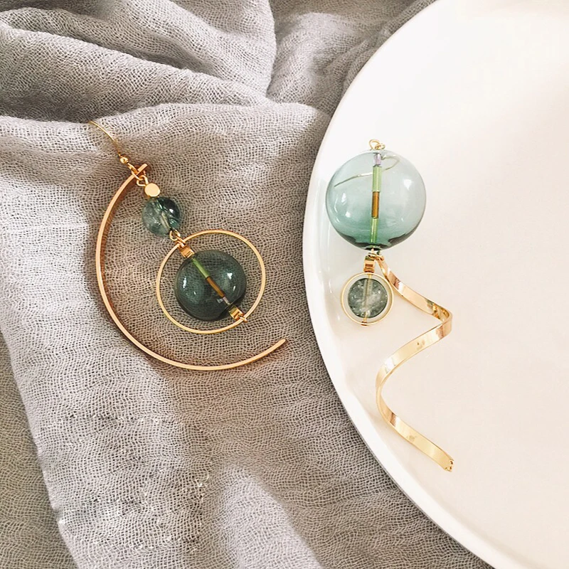 Fresh Green Bubble Dangle Earrings For Women Original Hand Blown Glass Ball Asymmetric Drop Korean Earings Femme