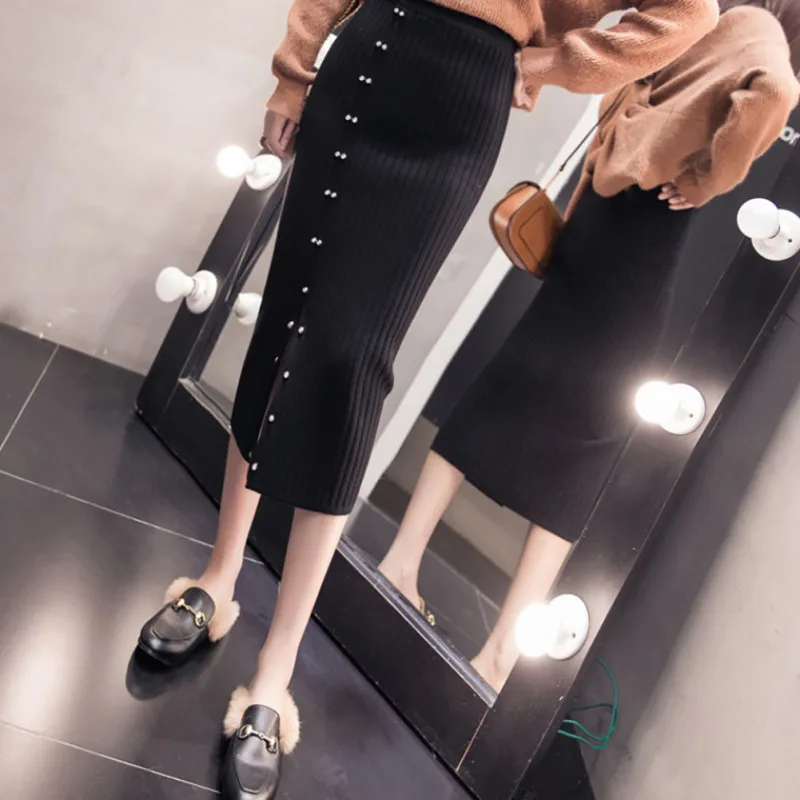 Women Skirt Autumn Long Paragraph Bag Hip Step Skirt Knit Split High Waist Skirt Step Skirt