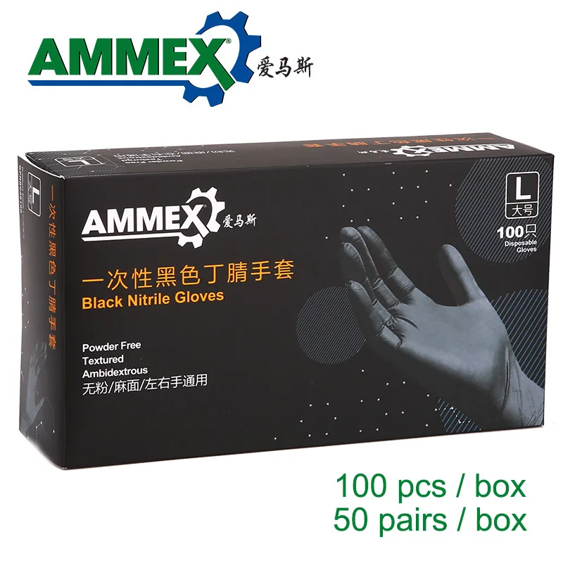 AMMEX одноразовые рабочие перчатки 100 шт./кор. салон тату лаборатория химия защитные нитриловые Нескользящие Черные Водонепроницаемые в коробке - Цвет: CPNBC