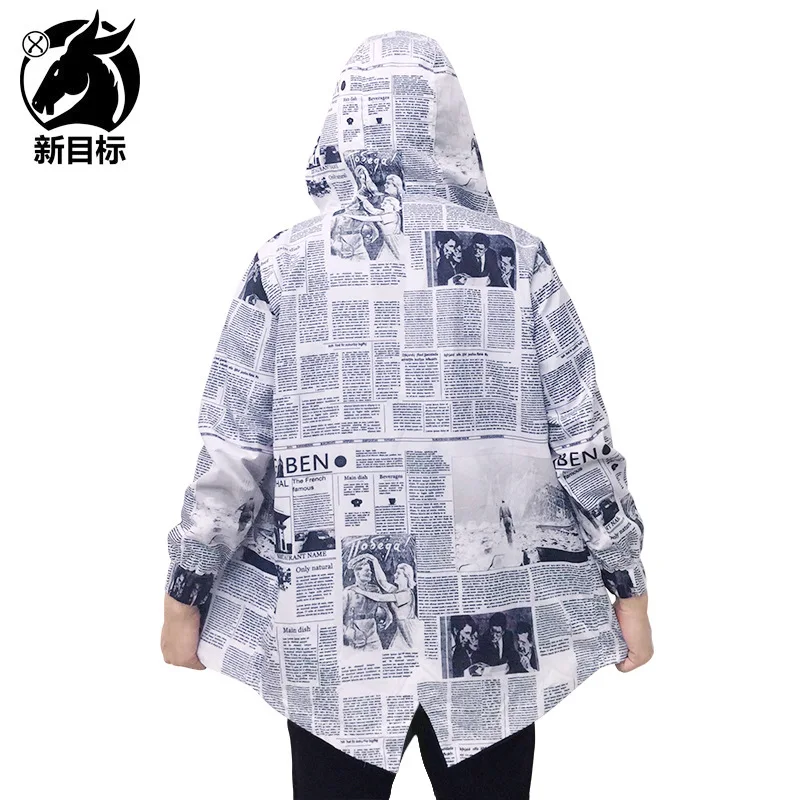 

COUPLE'S 2019 Autumn Europe And America Fashion Brand Coat English Newspaper Printed Loose-Fit Mid-length Waterproof Trench Coat