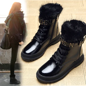 

2019 autumn and winter new Korean version of the flat bottom thick water mink in the tube Martin snow boots