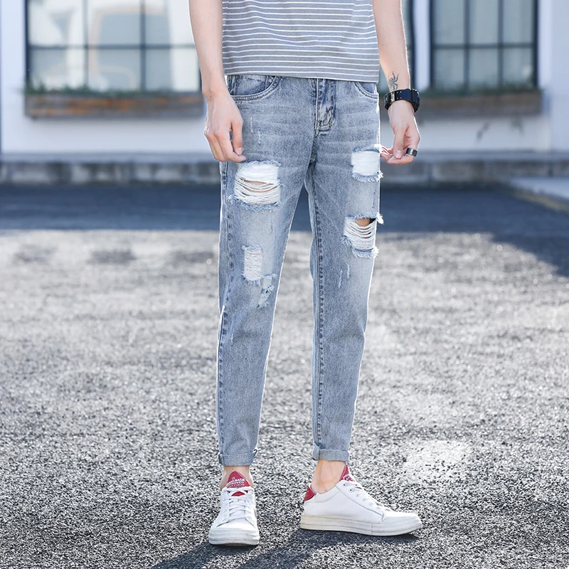 

Ripped Jeans Men's Stretch Slim Fashion Washed Casual Hole Jeans Pants Men Streetwear Wild Hip Hop Denim Trousers Mens