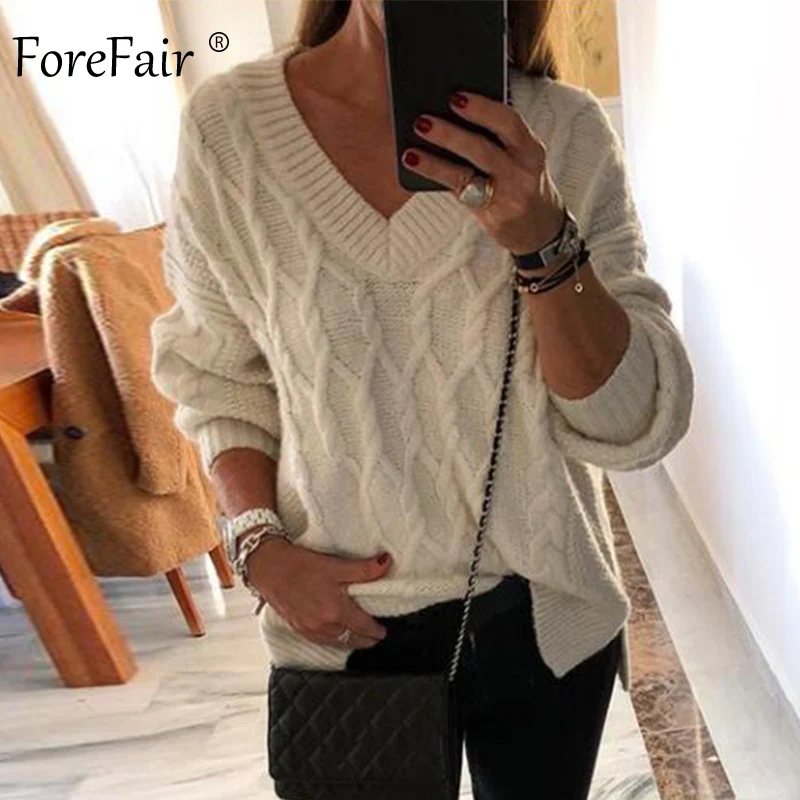 Forefair зимний однотонный вязаный свитер для женщин топы с v-образным вырезом тонкие