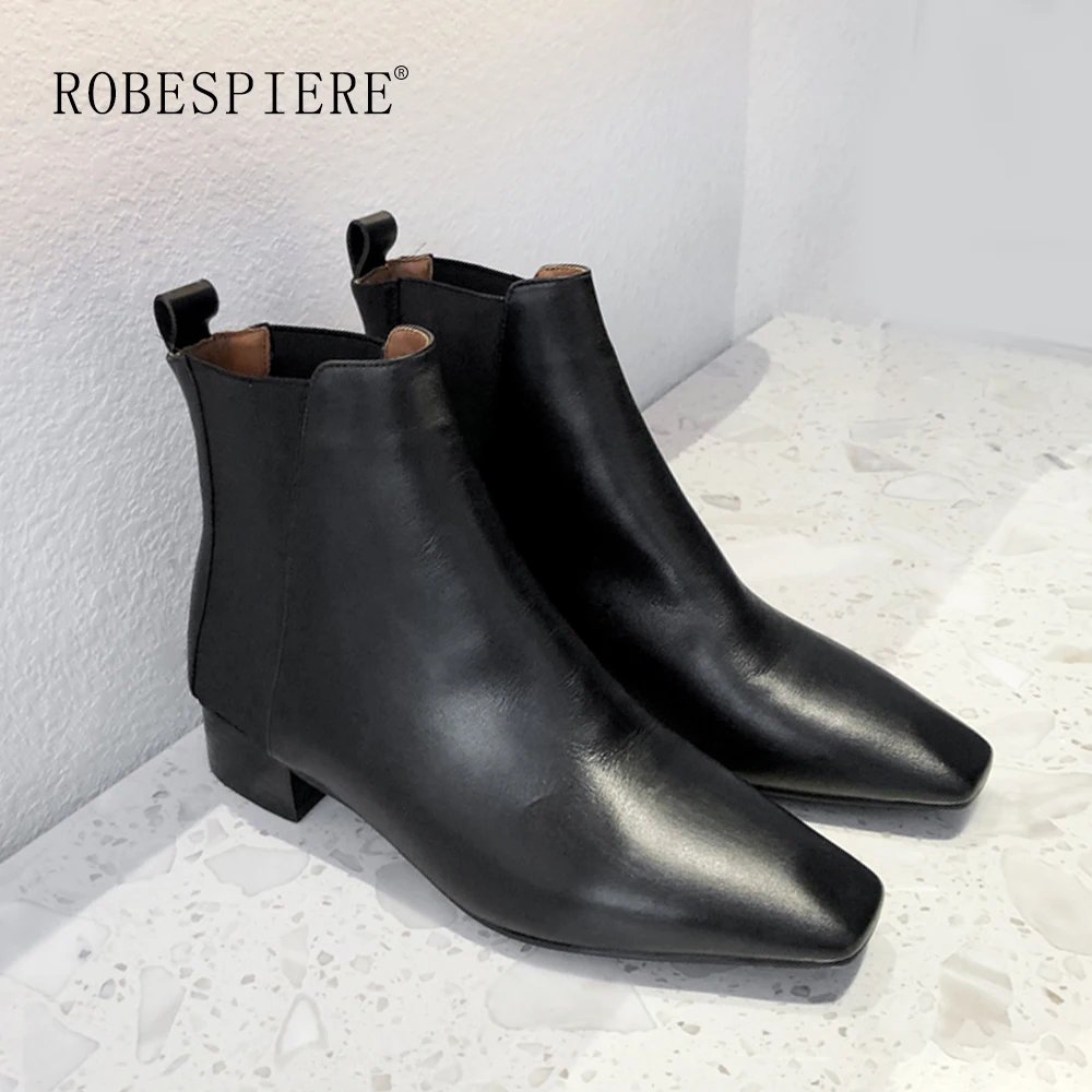 ROBESPIERE/женские ботинки; Новинка года; свадебные туфли со змеиным принтом; большие размеры 33-40; повседневные ботильоны с квадратным носком на толстом каблуке; B100