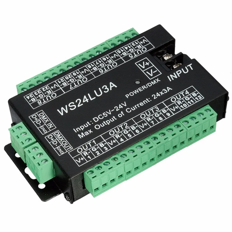 WS24LU3A 24CH DMX контроллер 24 канала DMX 512 декодер RGB контроллер декодер для RGB Светодиодные полосы модуль освещение 24x3A WS24LU3A