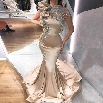 

2020 Girls High Neck Cap Sleeve Mermaid Champagne Prom Dress with Rhinestones