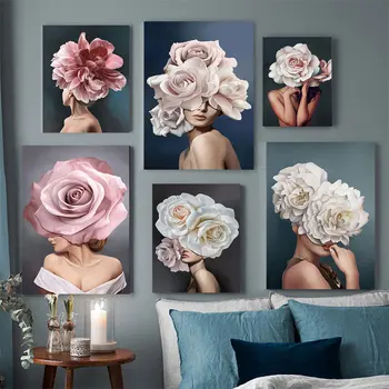 

Flowers Woman Abstract Canvas Painting Wall Art Pink White Flower Poster Fashion Print Wall Picture Modern Living Room Decor