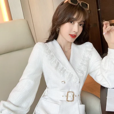 Women Winter Dress Coats 2020 White Fashion Buttons For Coat New Style Lapel Notched Lace Patchwork Office Lady Long Blazer