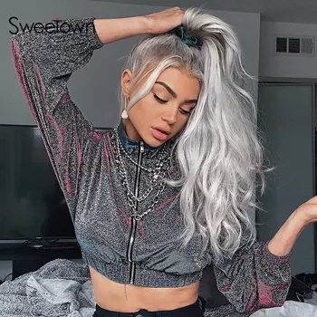 

Sweetown Korean Style Women Oversized Sweatshirt Glitter Long Sleeve Turtleneck Autumn Winter Crop Top Sweatshirt Streetwear