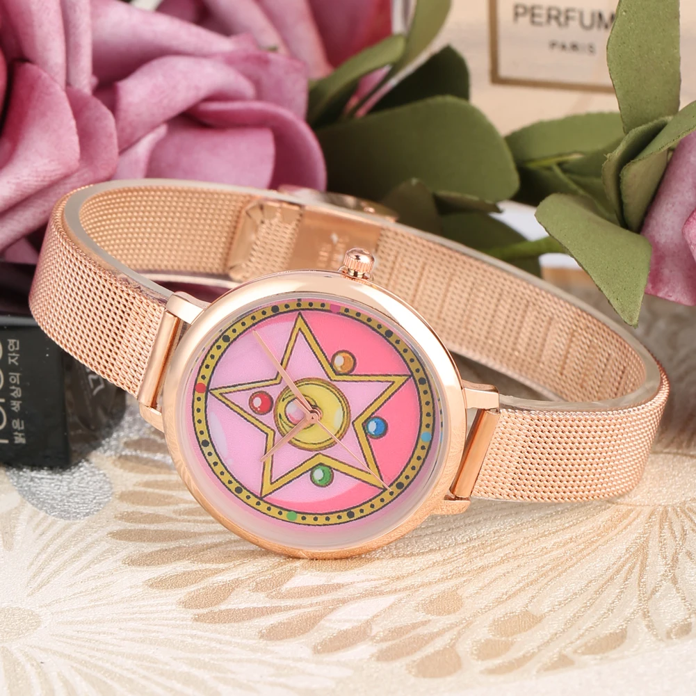 Women's Quartz Watches Sailor Moon Pattern Girls Watch Luxury Mesh/Leather Strap Ladies Wristwatch Clock Nice Gift Reloj Mujer