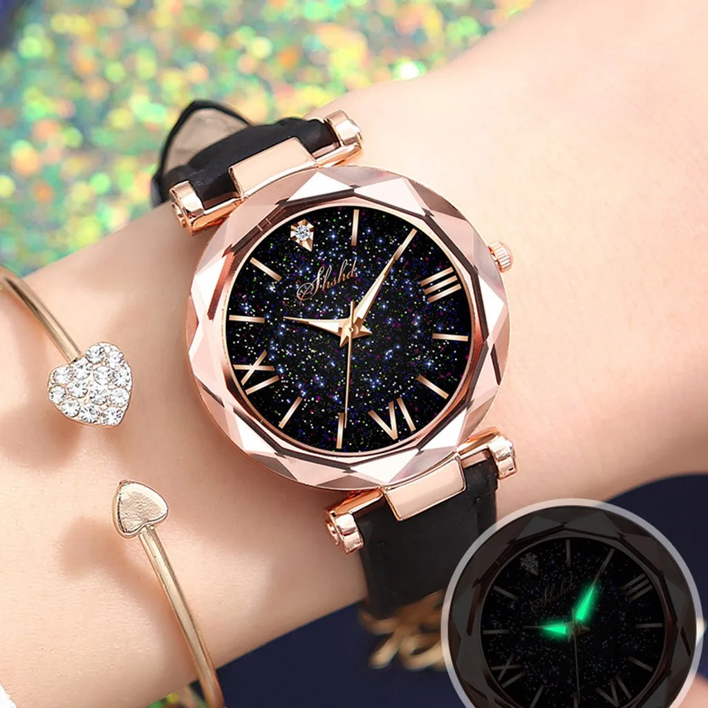 

Fashion Roman Scale Watch Women's Quartz Diamond Wristwatch Stars Little Point Frosted Belt Watch Men and Women Casual Watch