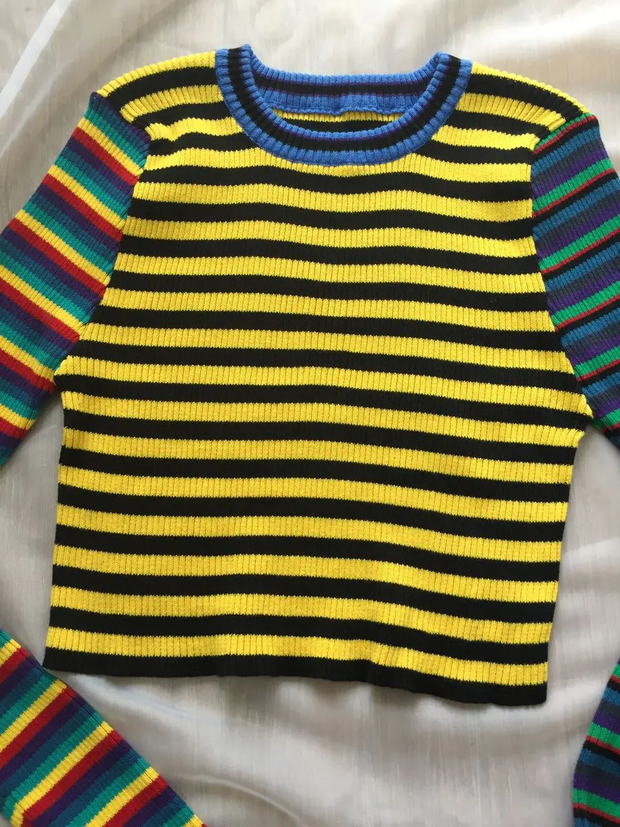 harajuku striped sweater women vintage punk block color rainbow multicolored cropped knit short pull sweaters winter sweater