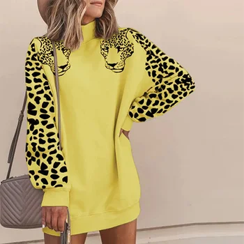 

Leopard Print High Neck Women Long Sleeve Casual Sweatshirts Ladies Loose Long Hoodies Sweatshirts Tops