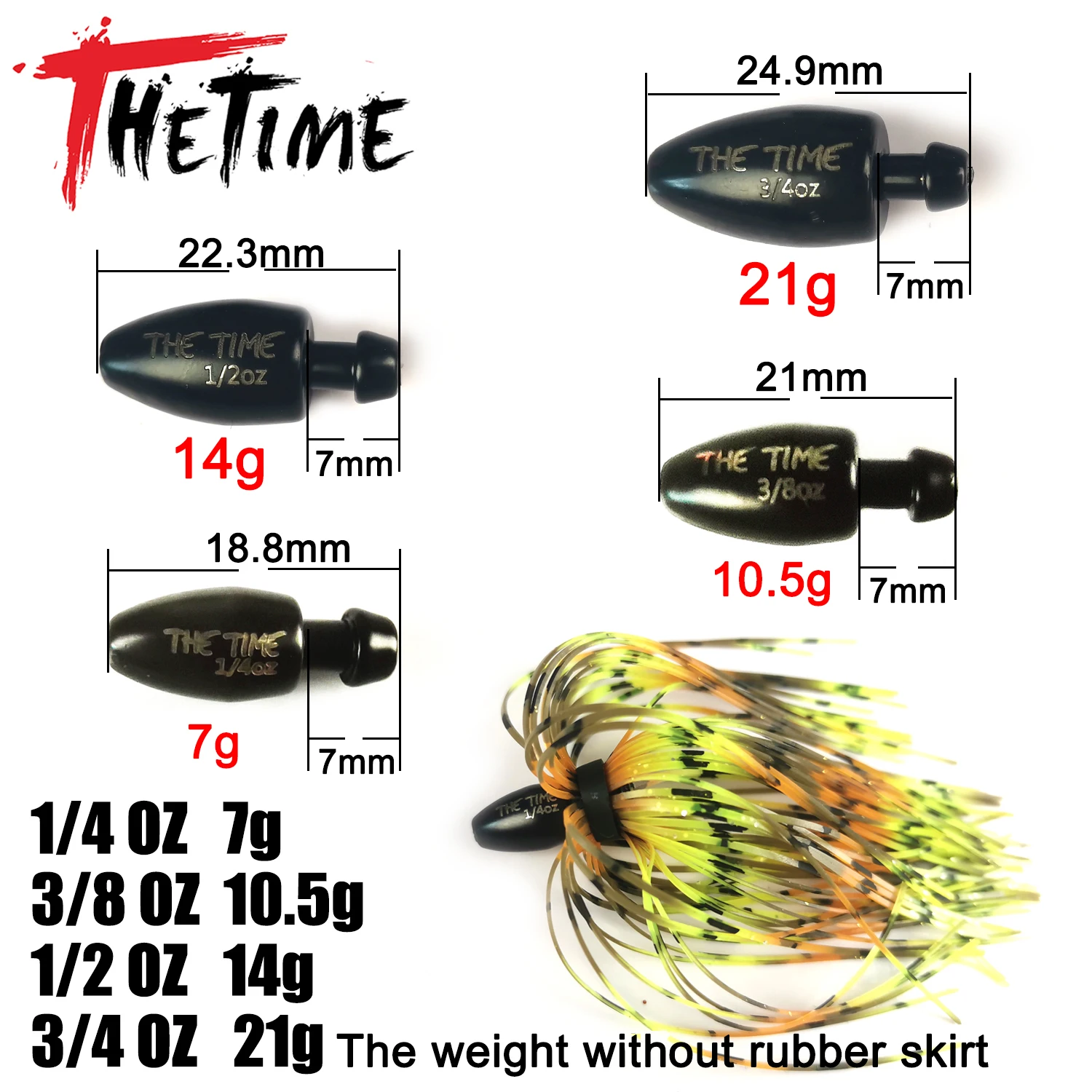 New THETIME Texas Rig Fishing Rubber Skirt Tungsten Sinker 1/4-3/4 OZ  Bullet Bass 7-21g Fishing Weight Jig Head Lure Accessories