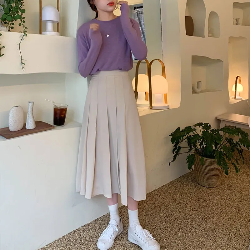 beige 3 цвета, SML, Осень-зима, Женская длинная Плиссированная юбка, винтажная юбка миди, одноцветная, высокая талия, длинные юбки для женщин, s(X263 - Цвет: beige