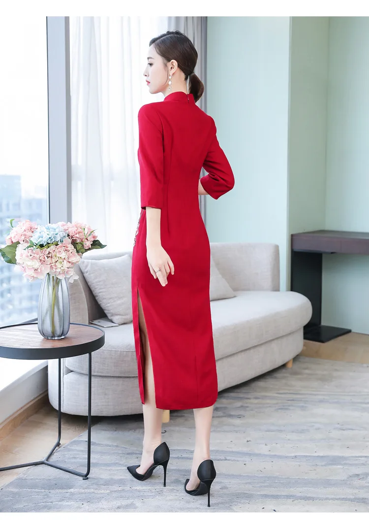 Autumn Cheongsam Long New Style Vintage Improved Ethnic-Style Slim Fit Slimming Women's Embroidered Cheongsam Dress