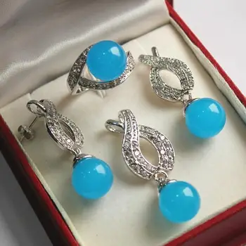 

Hot! high qulity new jewelry silver plated + 12mm blue jade bread pendant, earring, , ring set