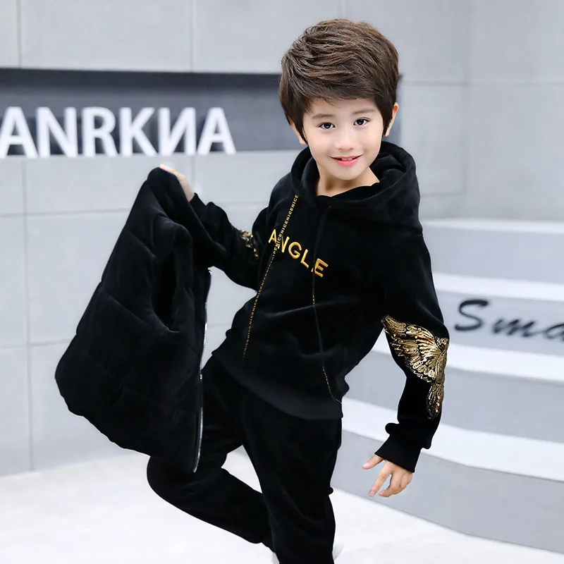 

3-14 Children Boy Girl Autumn Winter Clothing Set Velvet Hoodie Thicken sweater+vest+Pants kids boys girls Clothes Set