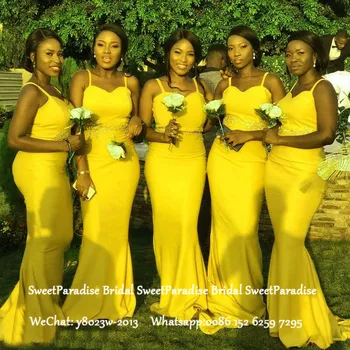 

Yellow Long Mermaid Bridesmaid Dresses With Appliques 2020 Spaghetti Sweetheart Vestidos Wedding Party Dress For Women