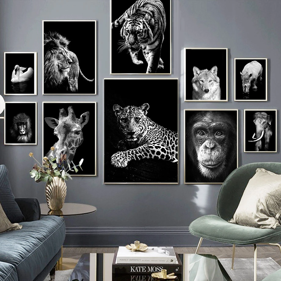 

Black and White Animals Poster Tiger Lion Wolf Canvas Painting Wall Art Prints Pictures for Home Living Room Decoration