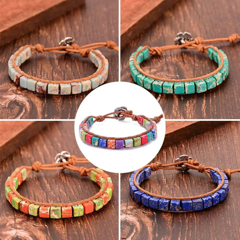 BOHO красочные кости форма натуральный камень один кожаный браслет обруча полудрагоценный камень квадратный бисерный Браслет-манжета