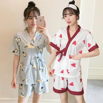 

2020 Summer Short Sleeve Cotton Kimono Shorts Pajama Sets for Women Sleepwear Suit Loungewear Homewear Pijama Mujer Home Clothes