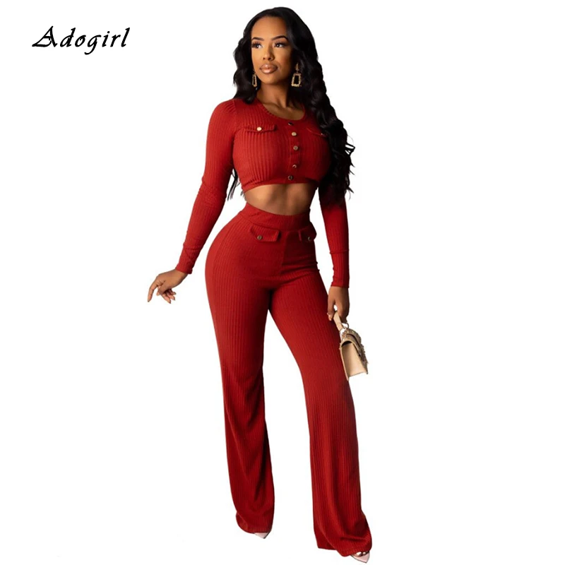 

Autumn Knit Ribbed Solid Women Sets Casual Button Crop Top With Wide Leg Pants Two Piece Set Sexy Night Club Party Women Outfit