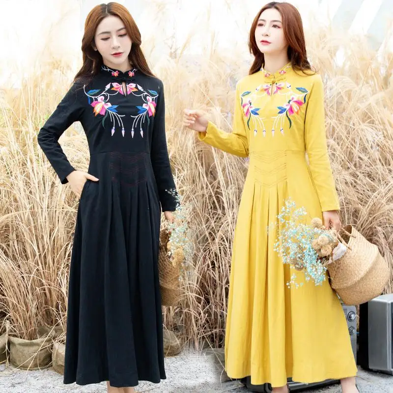 

2018 Autumn And Winter New Style Yang Liping Celebrity Style WOMEN'S Dress Retro Embroidered Ethnic-Style Stand Collar Dress