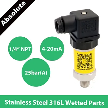 

pressure sensor 4 20mA , 2.5 mpa, 25 bar absolute,1 4npt , 9V to 30V, 12V, 24Vdc, stainless steel 316L diaphragm, wetted parts
